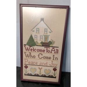 Vintage Cross Stitch Sample Framed Welcome To All Who Come In Peace, Peace...
